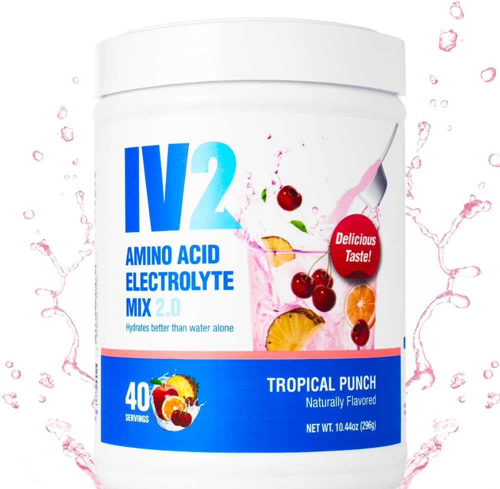IV2 Pulbere de hidratare Premium - amestec de electrolit fără zahăr + aminoacizi și vitamine esențiale I Vegan, Non-GMO, Gluten-Free, Cafeină-Free (40 serviri)
