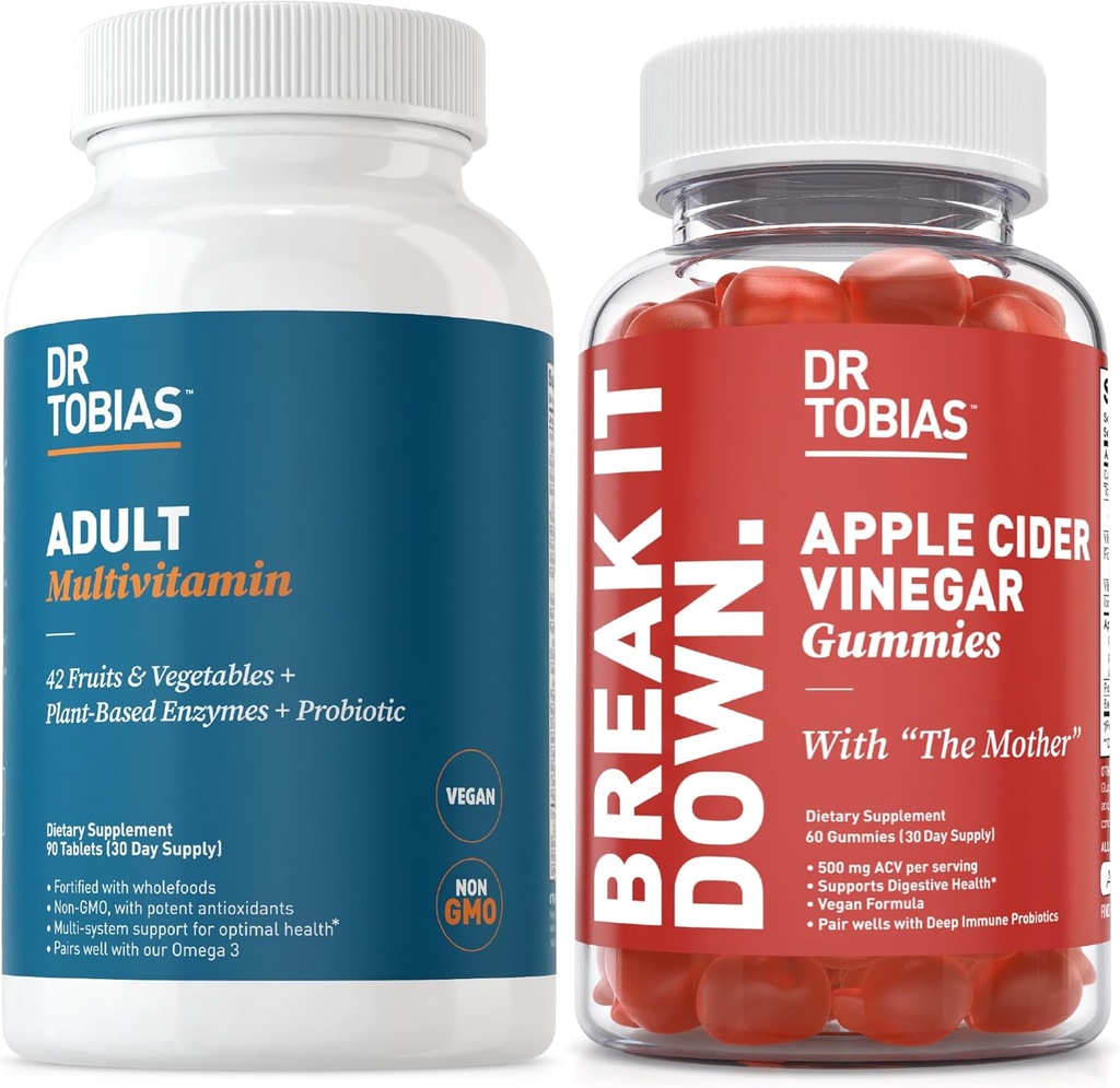 Dr. Tobias Adult Multivamin & Apple Cidru Otegar Gummies, Sustine Energia, Imunitatea & Gut Health, cu 42 de fructe si legume Plus Probiotice, Trucuri Mama, FOlate, B12