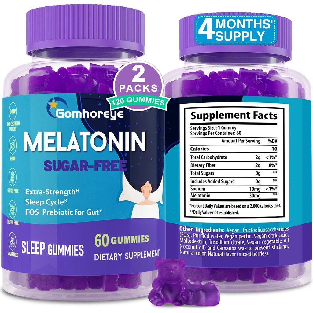Melatonina Gumies 30mg pentru adulți - puterea maximă Melatoninei Gume pentru relaxare și soothing, Exogene Melatonina Supliment cu FOS pentru Imun, Sanatate si pH Balanta, Sugar Free -120 Counts