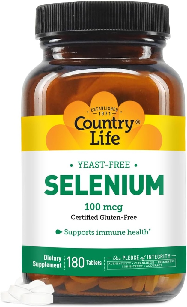 Country Life Selenium, Yeast Free, Suportă Immune Health, 100 mcg, 180 comprimate, Gluten Free, Vegan, Halal