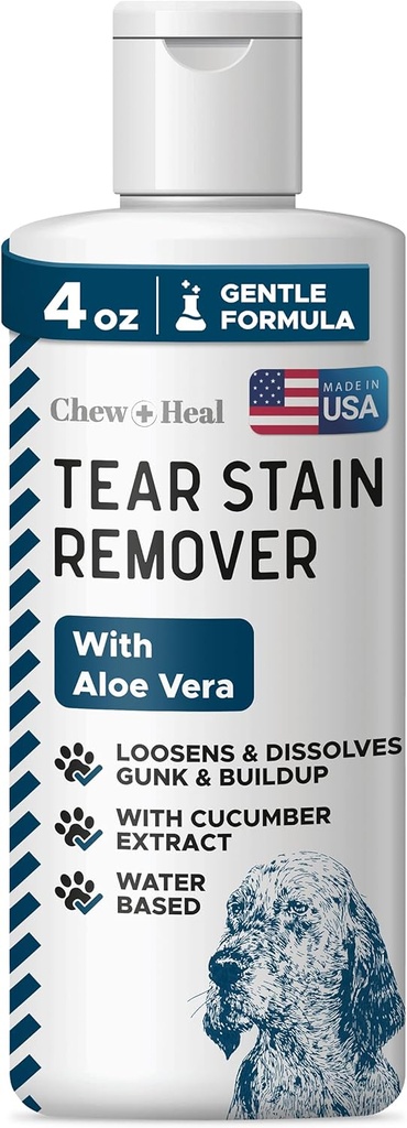 Mestecă + Heal Labs Pet Tear Stain Remover pentru câini - 4 oz apă-Based Dog Eye Wash & Cleaner - dizolvă Gunk & Buildup - Aloe Vera & extract de castravete