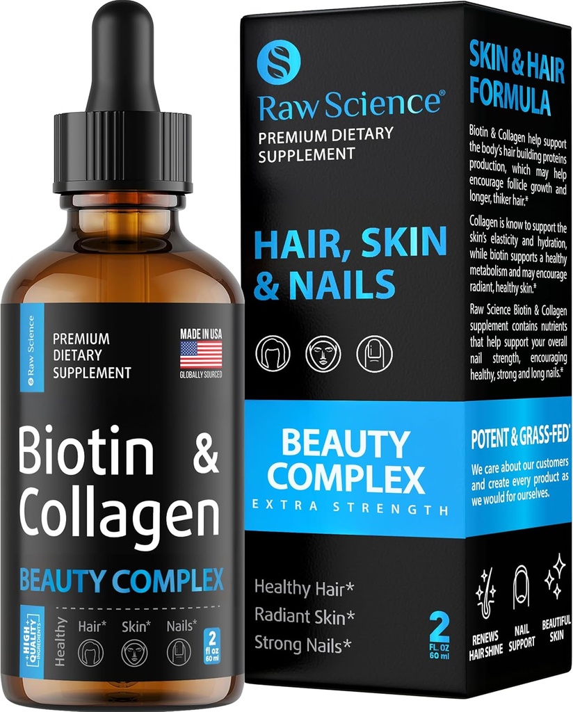 Colagen lichid & Biotin Suplimente pentru cresterea parului - Biotin 10000mcg Colagen Peptides 20000mcg picături - Vitamine de par pentru pierderea parului pentru femei si barbati, piele si unghii întăritor - Made in USA, 2 floz