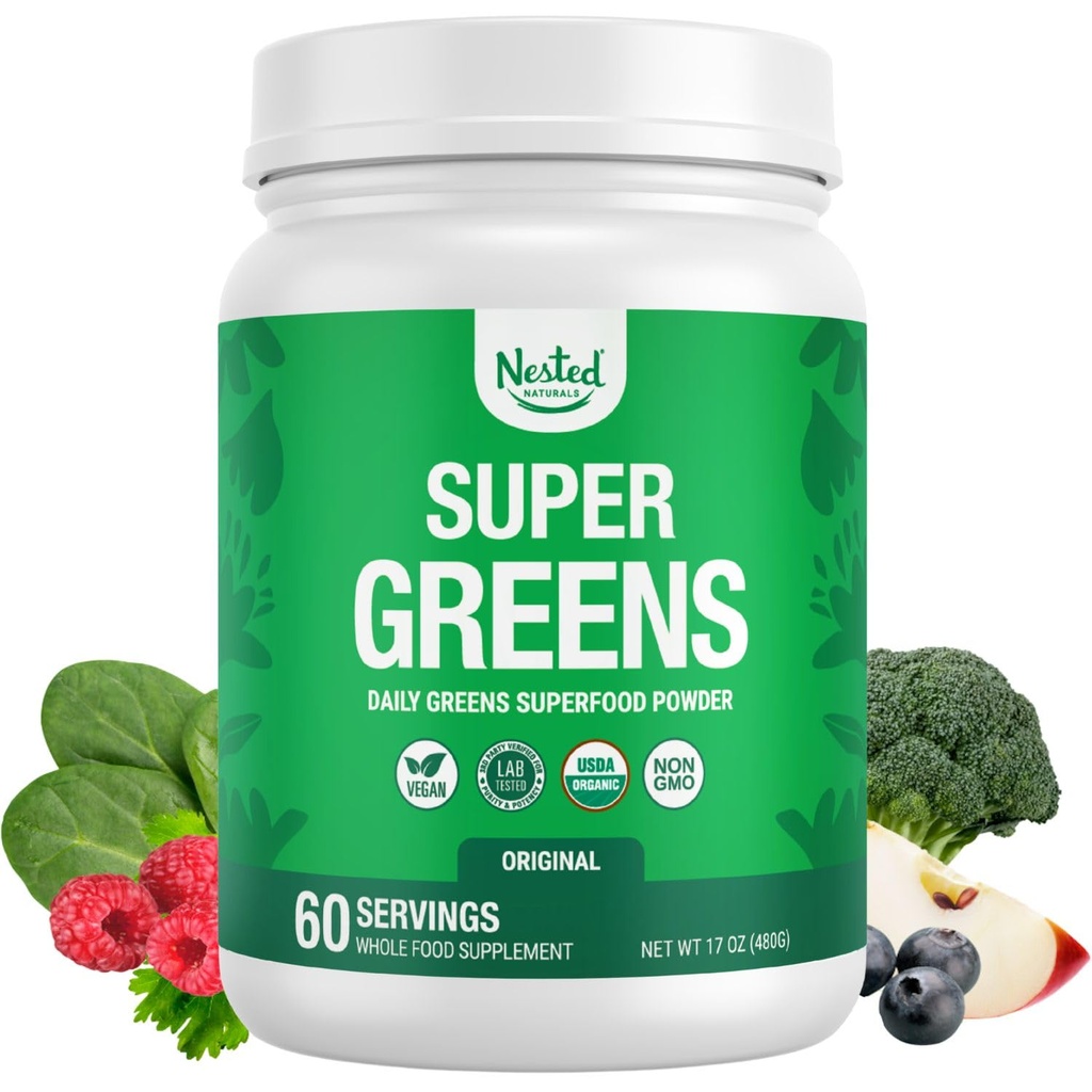 Cuted Naturals Super Greens Daily Superfood Powder - USDA Certified Organic Green Powder w/20+ Whole Foods, Spirulina Powder, Wheat & Barley Grass - Probiotice, Fiber & Enzymes - Original Flavor, 60