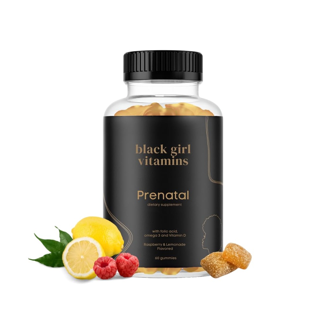 Black Girl Vitamine - Gume prenatale pentru femei Vitamina cu Folate pentru suport de sănătate osoasă, Gluten-Free, (Raspberry-Lemonade), 60ct