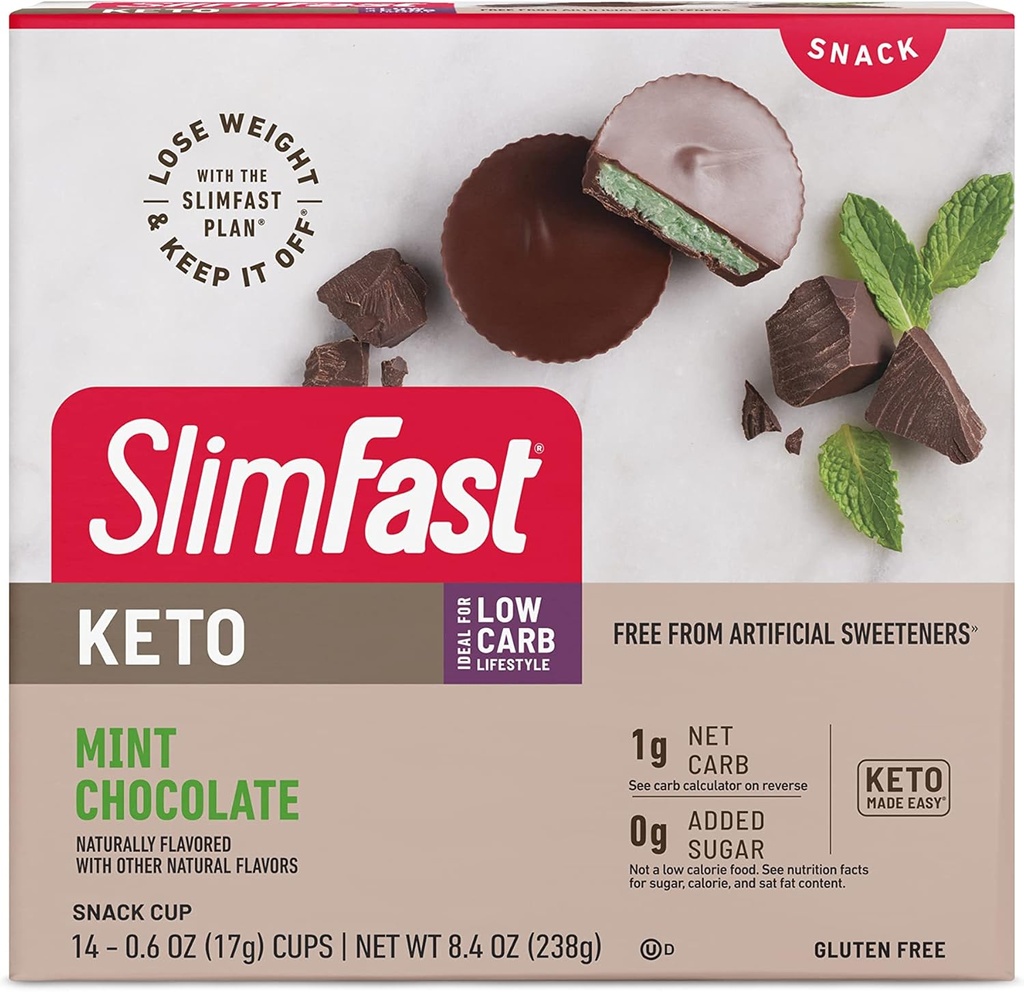 SlimFast Keto Fat Bomb Snack Cup, Mint Chocolate, Keto Snacks pentru pierderea in greutate, Carb scăzut cu 0g zahăr adăugat, 14 cutie de numărare (Packaging May Vary)