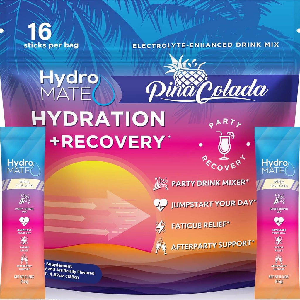 HidroMATE Electroliți Pachete de pulbere Ananas Accelerator de hidratare scăzut zahăr Party Favoruri pentru recuperare Tropical Piña Colada 16 Sticks