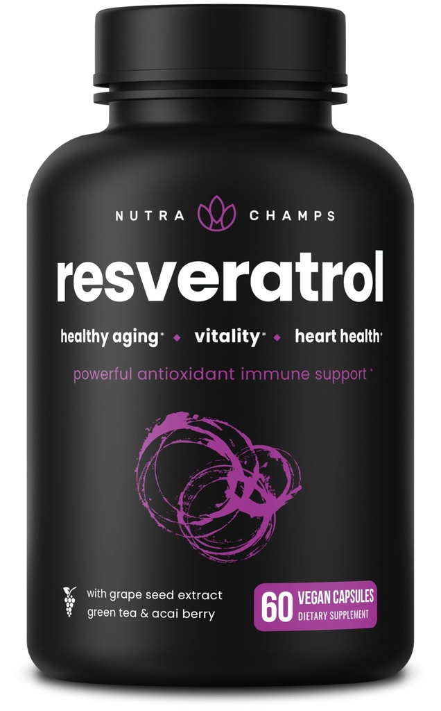 NutraChamps Resveratrol Supliment, Formulă de rezistență suplimentară pentru imbatranire sanatoasa, Suport imunitar, 60 Capsule Vegane cu Trans-Resveratrol, Ceai verde, Acai Berry & Seminte extract