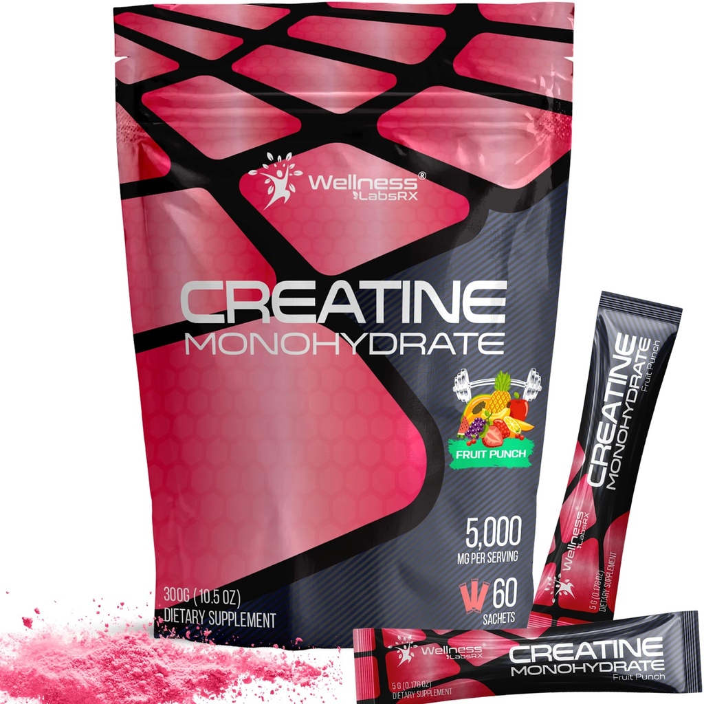 WELLNESS LABSRX Creatină pulbere monohidrat - 5000 mg, Aroma Punch de fructe - 60 Sachete - 300g