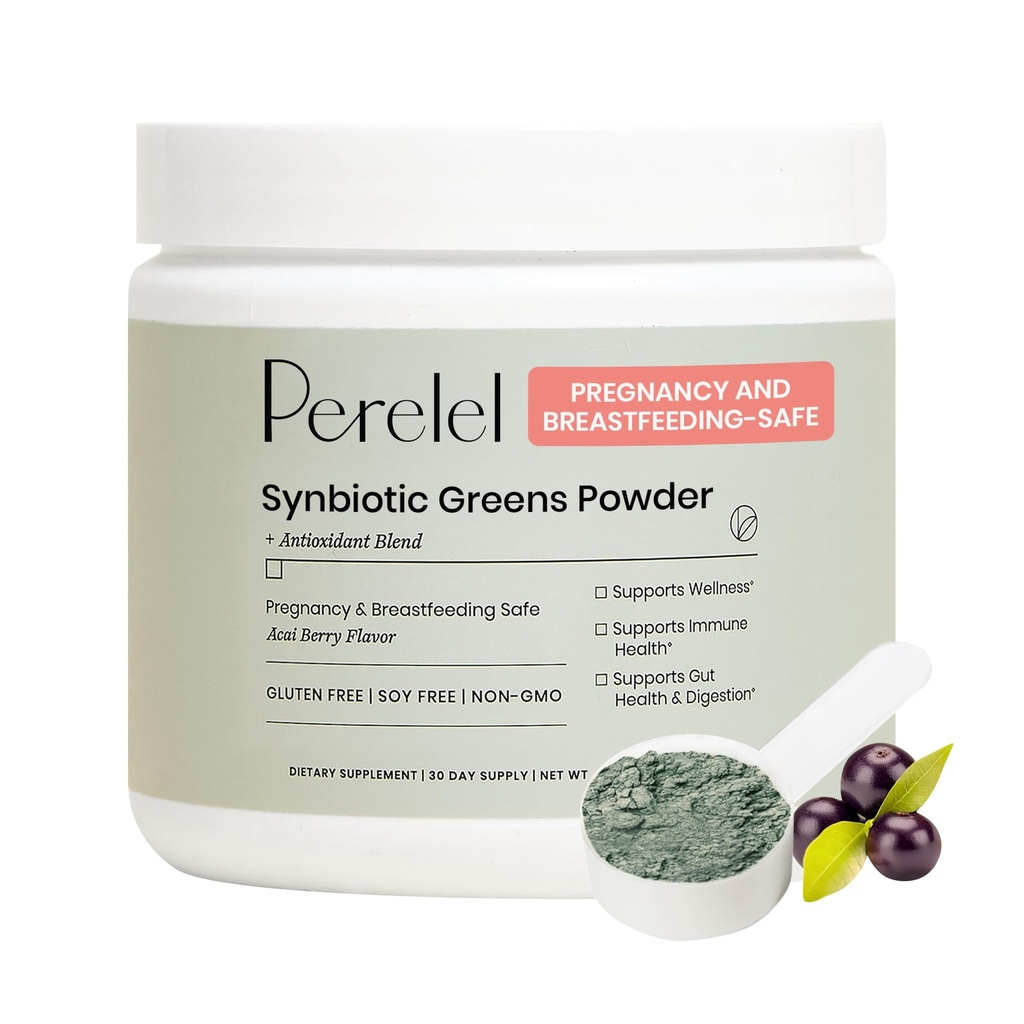 Perelel Synbiotic Greens Powder, Superfood Blend cu fructe, legume, Probiotice, Fibră, Spirulina & Chlorella, Daily Greens Supplement, Soy & Gluten Free, Non OMG, Acai Berry Flavor, 30 Servings