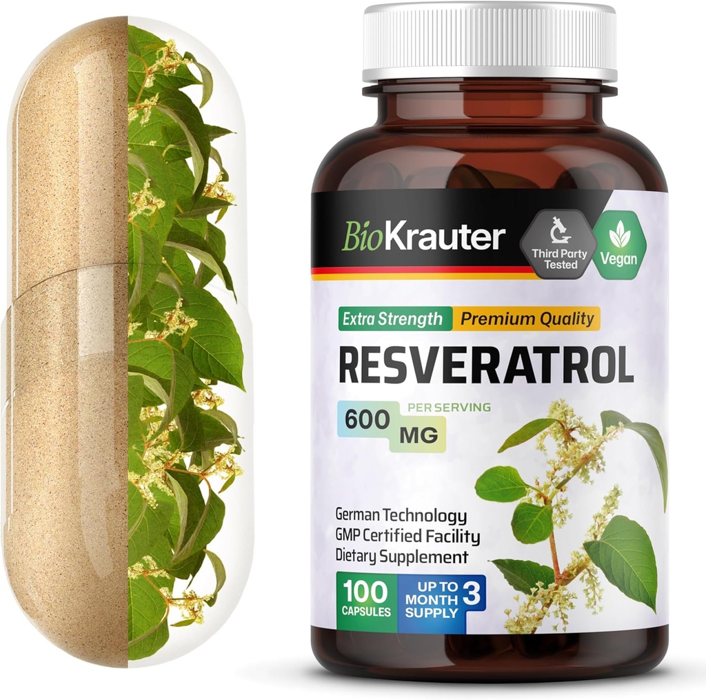 BIO KRAUTTER Resveratrol Supliment Capsule 600 mg - 100 Conte - Natural Antioxidant Sursa - 98% Pur Trans Resveratrol pulbere - Vegan
