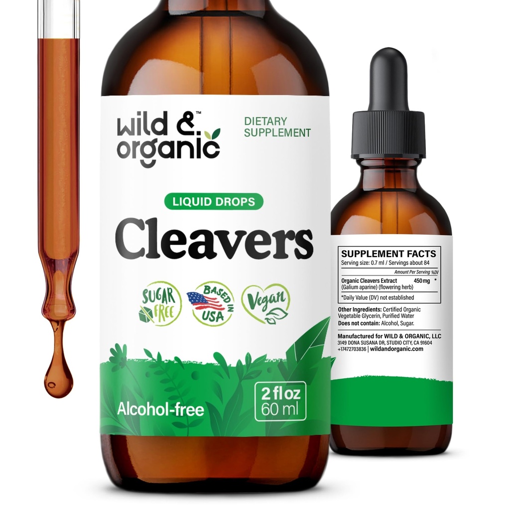 Cleavers sălbatice și organice Tinctură - Detoxifiere naturală picături cu frunze Cleavers - Galium Aparina Herb Extras Supliment - Vegan, Zahăr și alcool-Free - 2 fl oz