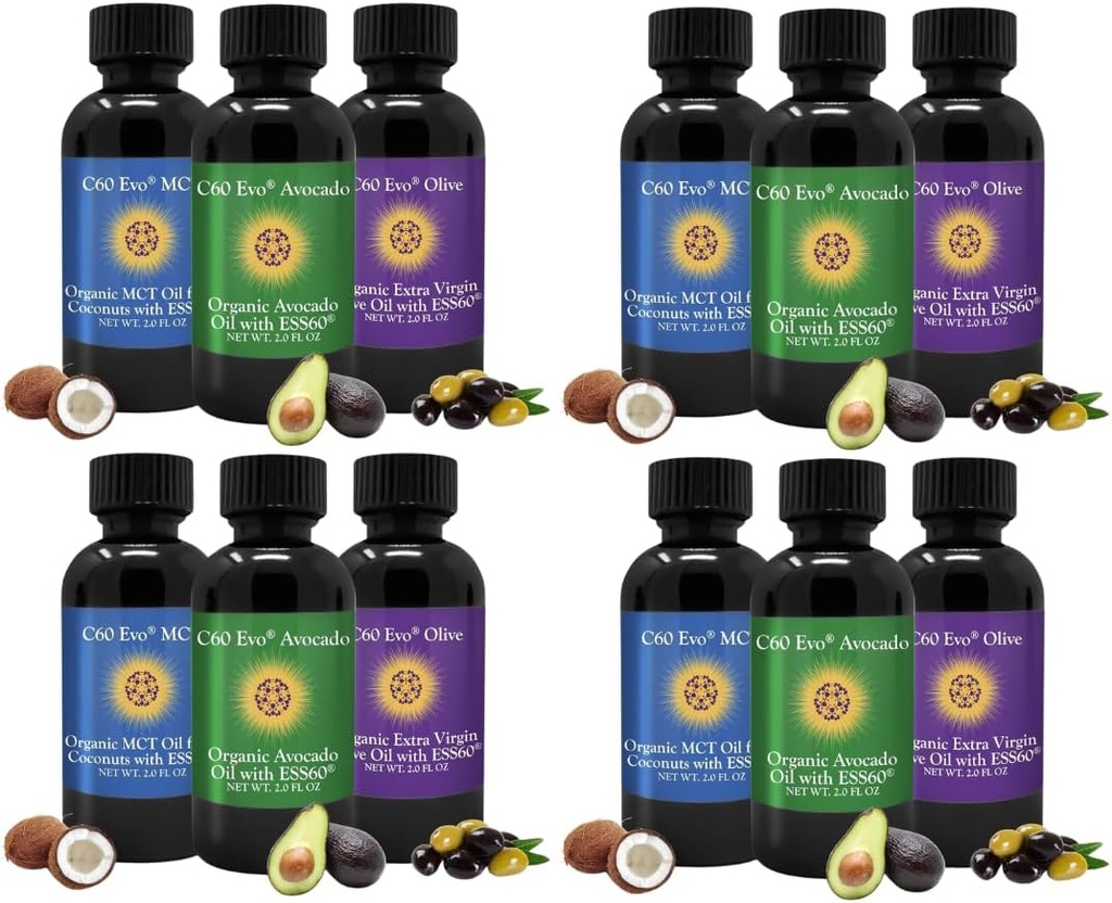 Ulei organic total, Set de probe de ulei Mini cu C60 ESS60 Pure, Suport Imun si Suport Comun cu Ulei de masline, Ulei de cocos Avocado & MCT, Set de 12, 2 Oz Fiecare