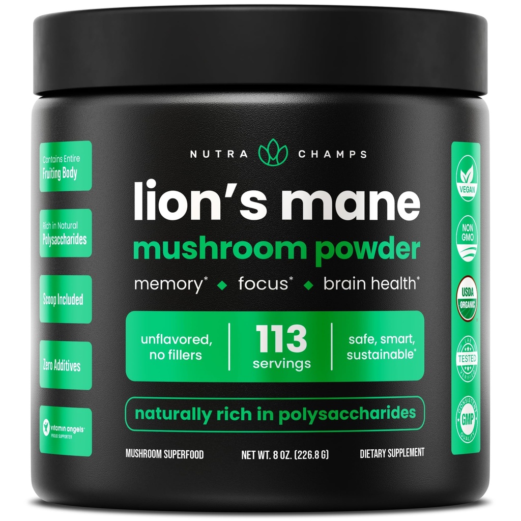 NutraChamps organic Lions Mane Powder - 2000mg Nootrop puternic pentru memorie, Focus, Suport Imun - Vegan Leu de Coama Mashroom Powder Supliment cu Beta-Glucans natural ocurent - 8oz