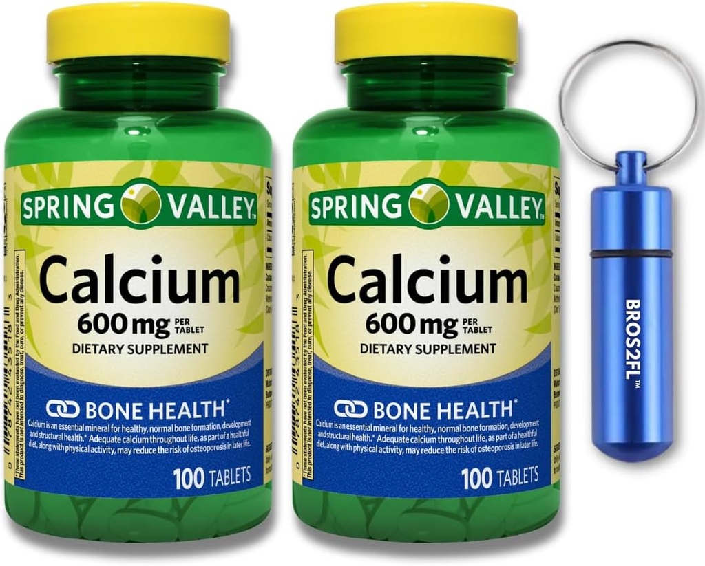 Calciu Bone Health suplimente alimentare comprimate, 600 mg, 100 Count (2-Pack) Bundle cu BROS2FL Keychain rezistent la apa cutie de pastile de metal portabil (2 elemente)