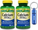 Calciu Bone Health suplimente alimentare comprimate, 600 mg, 100 Count (2-Pack) Bundle cu BROS2FL Keychain rezistent la apa cutie de pastile de metal portabil (2 elemente)