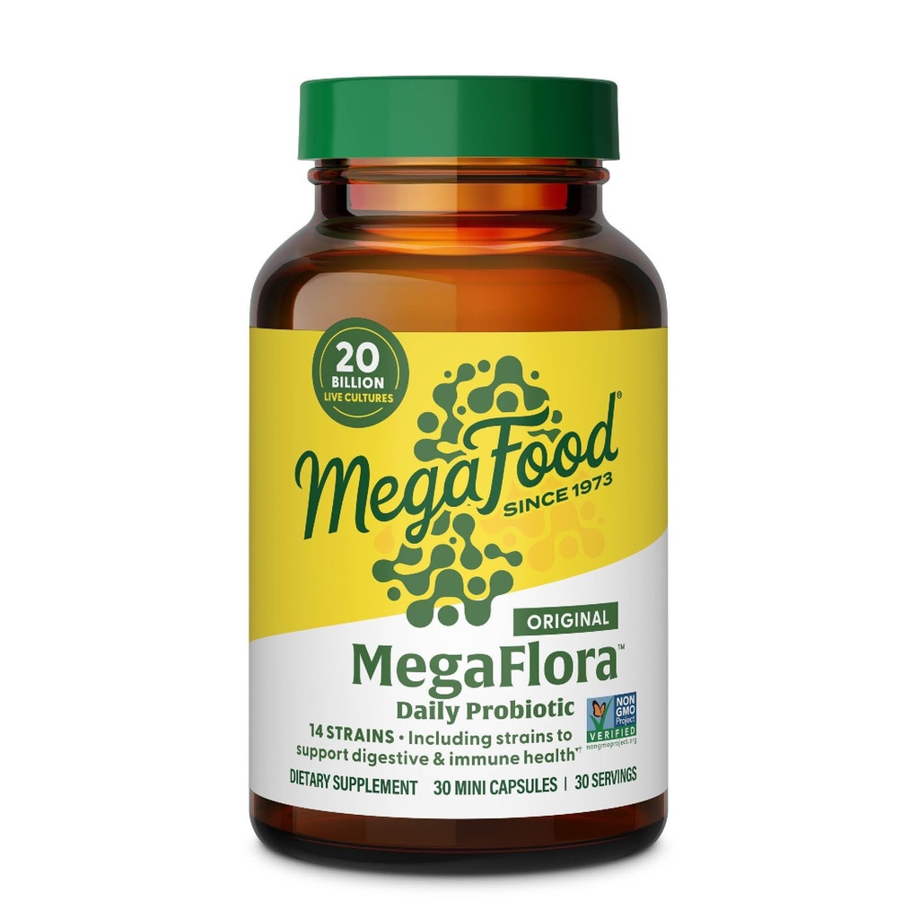 Megafood MegaFlora Probiotic - Probiotice pentru femei Sănătate Digestivă - Supliment de sprijin imun - 20 Miliarde CFU - 14 Tulpini - Non-GMO - Vegetarian - 30 Mini Capsule (30 Servings)