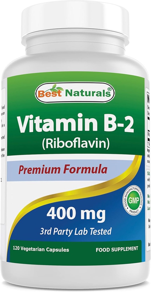 Cel mai bun Naturals Vitamina B2 (Riboflavin) 400mg - Migrene Relief - Capsule vegetale - Conezyme Precursor - 120 Conte