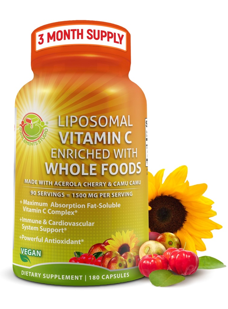 Capsule lipozomal Vitamina C - 1500 mg - Made with Organic Acerola Cirese & Camu Camu, High Potence Vitamina C Liposomal - Immune Supplement Supplement, Enhanced Absorbtion & Biodisponibility - 180 Count