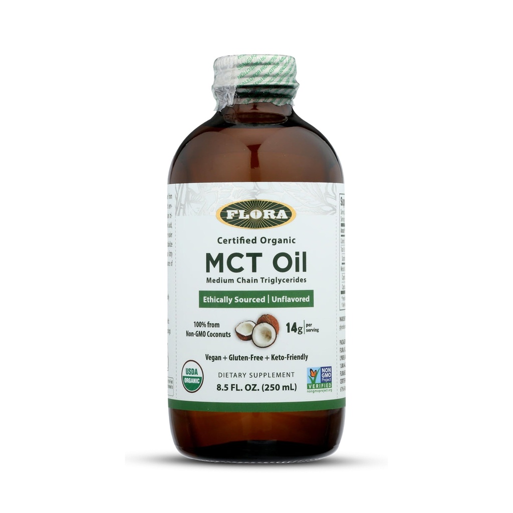 Flora - MCT Ulei Certified Organic - Sustine energia musculara si sanatatea creierului - contine C8 Acid Caprilic & C10 Acid Capric - Non-GMO, Gluten-Free, Vegan & Keto-Friendly - 8.5 fl. oz. Sticla de sticla