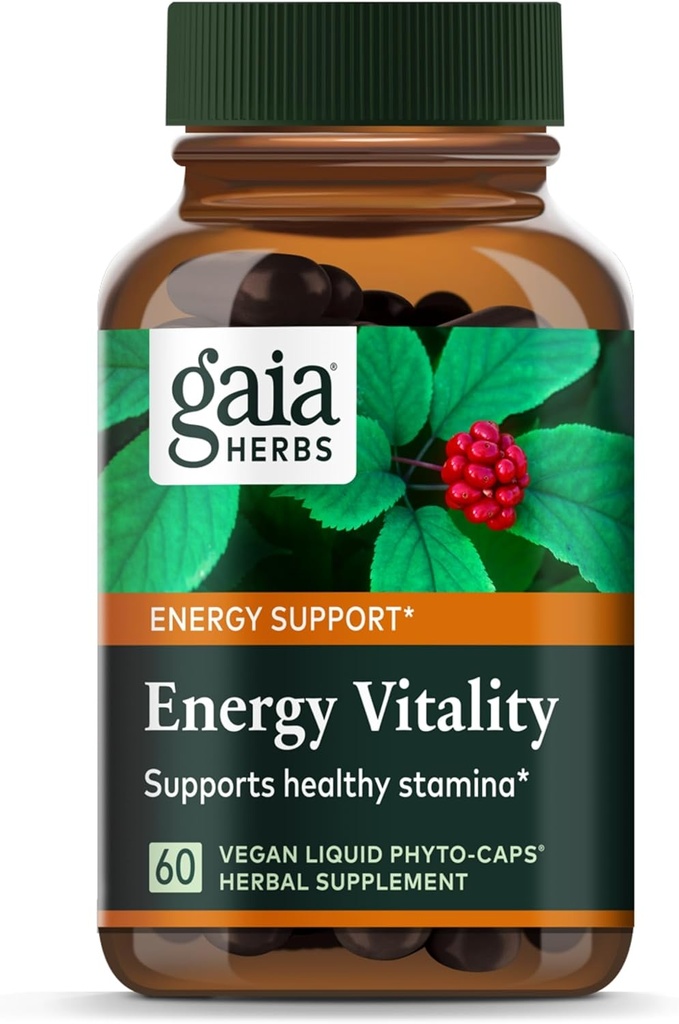 Gaia Herbs Energy Vitality - Suplimentul de suport energetic pentru menţinerea nivelului de energie sănătoasă şi stres - cu Ginkgo, Ginseng, Ceai Verde şi Nettle* - 60 Vegan lichid Fito-Capsules (20-Day Supply)