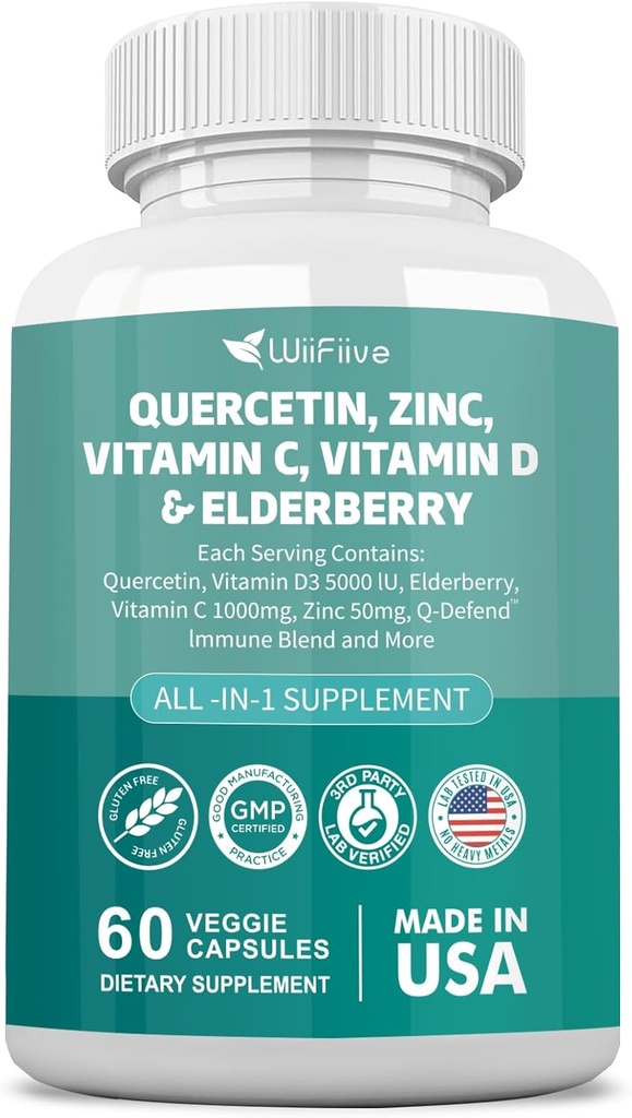 60 Count Querbetin 50 mg Zinc 1000 mg Vitamina C 5000 UI Vitamina D3 1000 mg Turmeric 1000 mg Elderberry cu Q- Defend Immune Blend Reisshi Nettle Arteemisin, Non- GMO, Free Supports Health