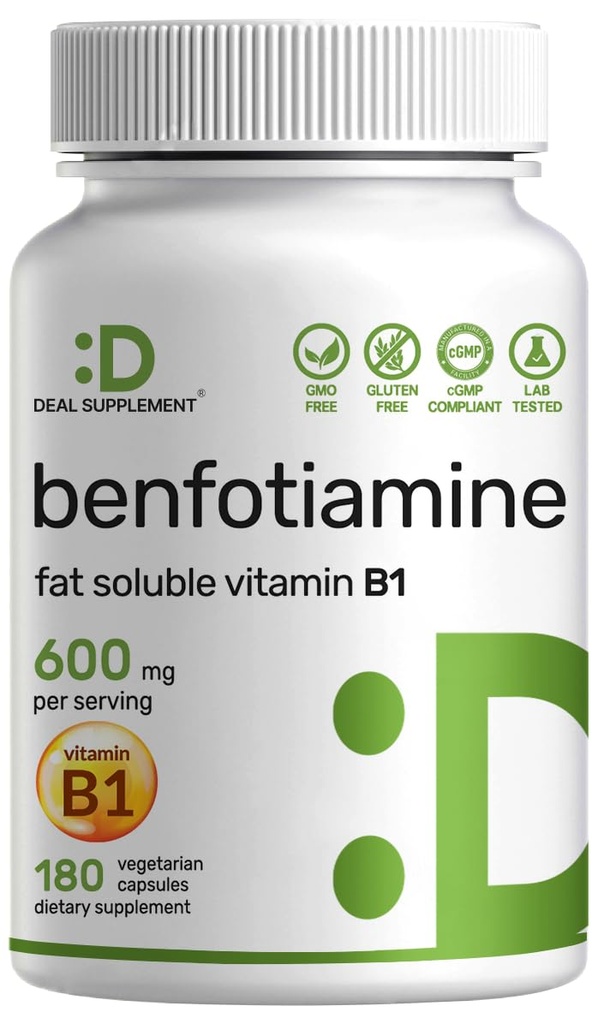 Benfotiamină 600mg Per Serving, 180 Veggie Capsule (300mg Per Cap) 