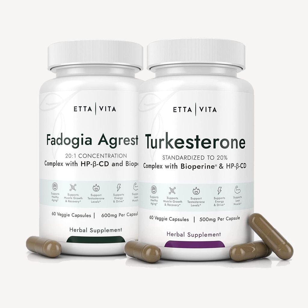 Fadogia Agrestis 600mg + Turkesteron 500mg Bundle (2X More Pure - 20% Extract de Std) (3X Absorbence cu BioPerine & Hidroxipropil-Beta-Cyclodextrin) Suportă Recuperare musculară sănătoasă, Stamina - Vegan