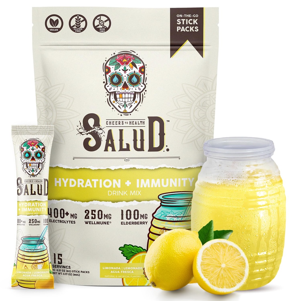 Salud 2-in-1 Hidratare Pachete + Imunitate Electroliti Pulbere, Lemonade - Agua Fresca Drink Mix, Elderberry, Dairy & Soy Free, Non-GMO, Gluten Free, Vegan, Low Calorie, 1g Sugar (15 Serviri)