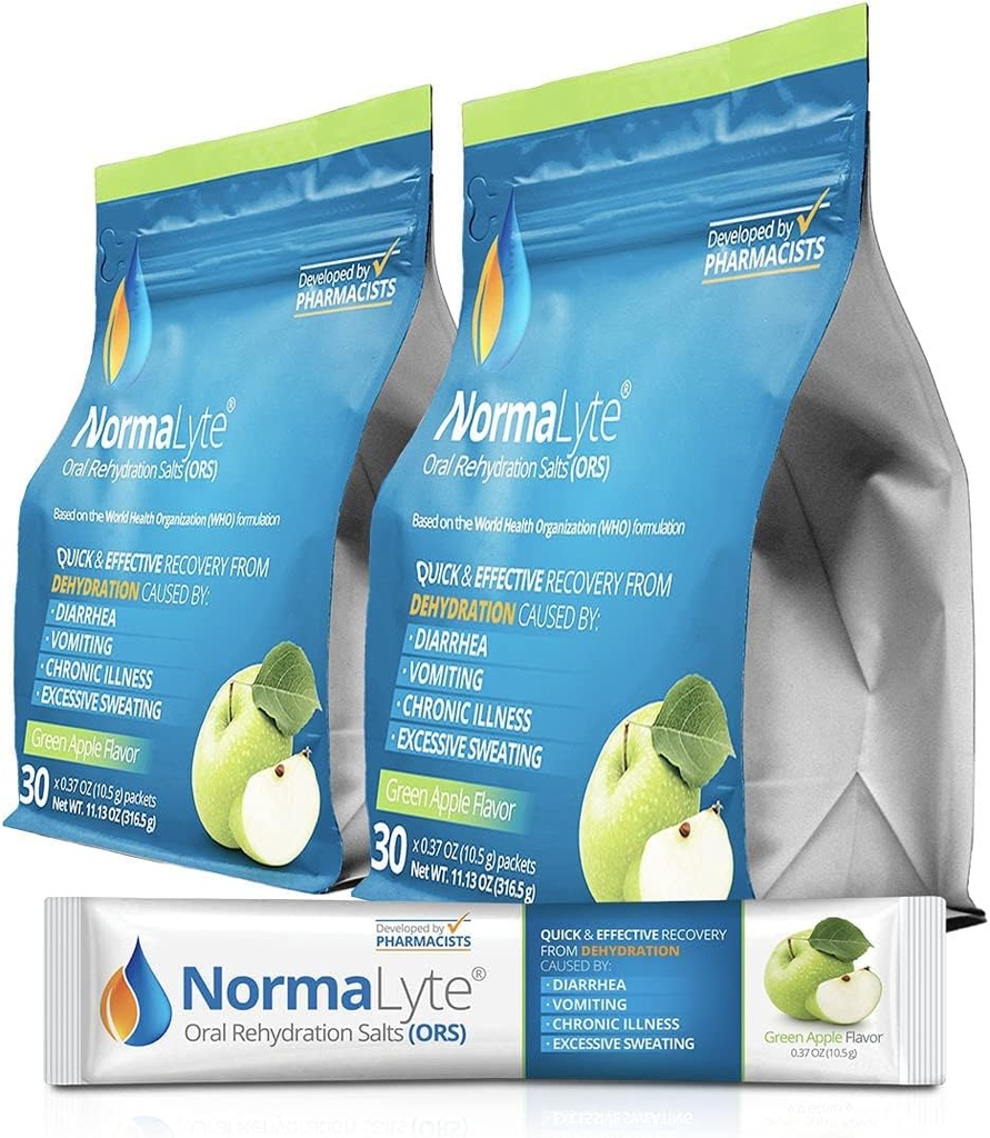 NormaLyte Sare de rehidratare orală-2 Pungi - 60 Sticks (Câștigă 500ml per ambalaj) - Mărește Suplimente energetice, Supliment de potasiu, recuperare de deshidratare și absorbție rapidă