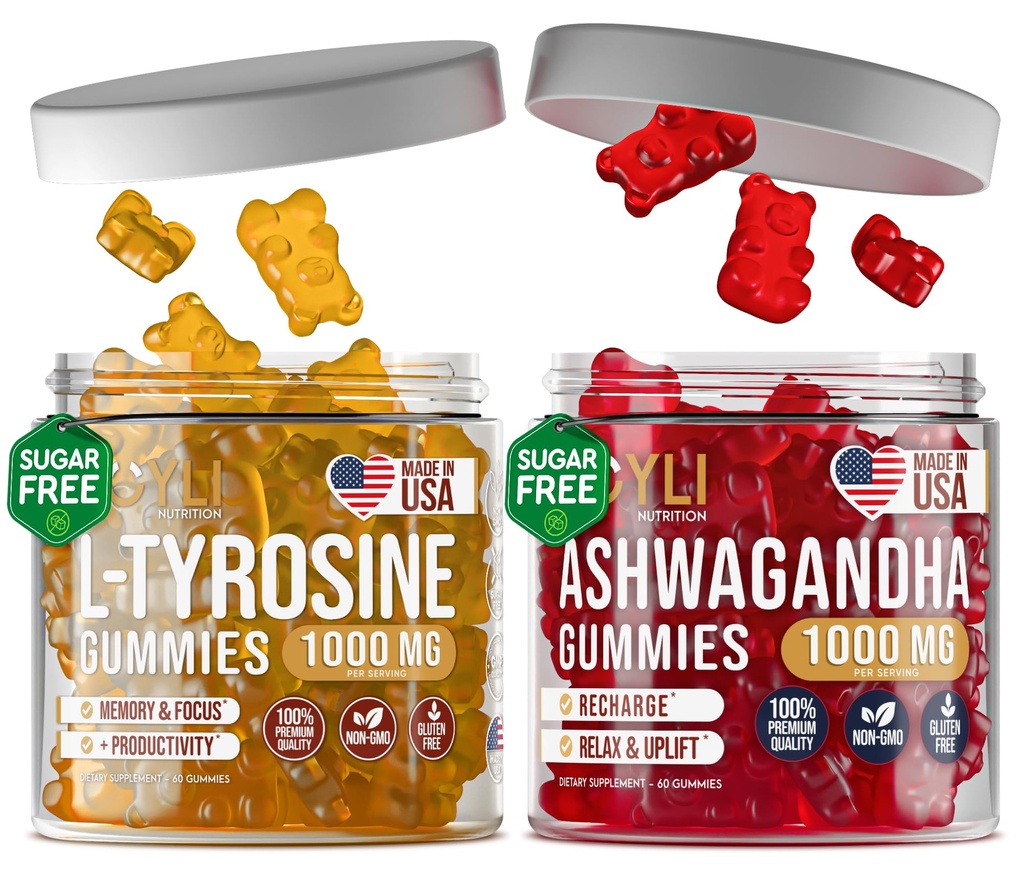 L-Tyrosine Gummies + Ashwagandha Gummies - L Tyrosine Supplement and Ashwagandha Supplements Bundle - Ashwaganda, L-Tyrosine for Kids & Adulți - 60 Ashwa Gummies, 60 L-Tyrosine Focus Gummies