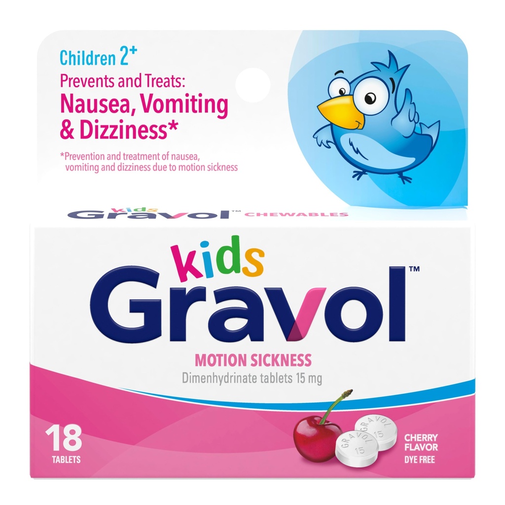 Copii Gravol Tablete masticabile pentru greaţă, disconfort gastric şi boală de mişcare Relief, Die gratuit, Aromă de cireşe, Vârsta 2- 12, 18ct