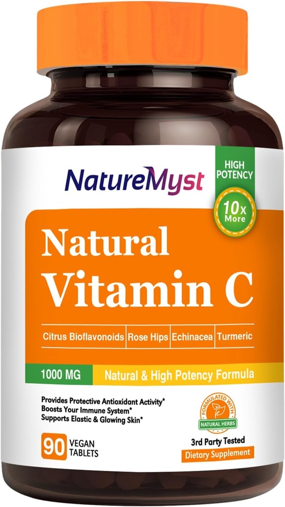 Vitamina C comprimat, 1000 mg, forma naturala, potenta mare, Citrus Bioflavonoids, Rose Hip, echinacea & Turmeric, Imune & Skin Health, 90 Vegan tablete