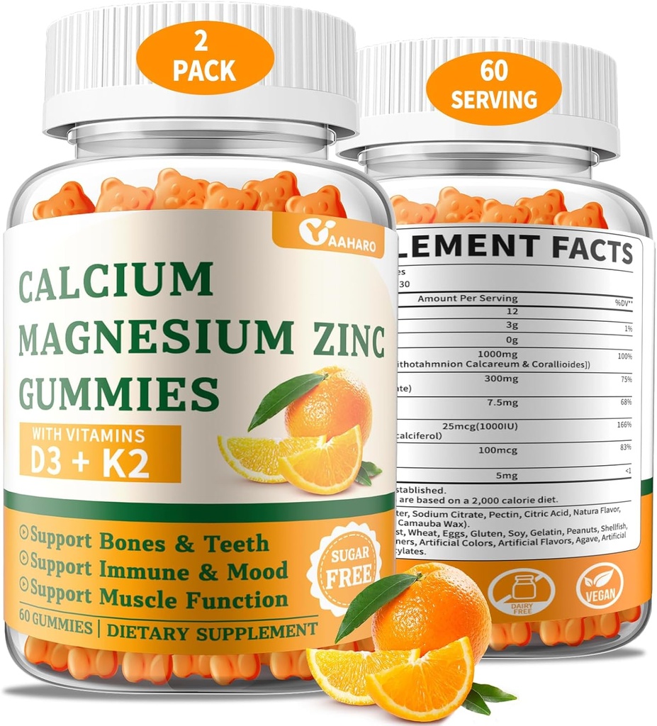 (2 ambalaj) Gume de zinc de magneziu de calciu cu vitamina D3 & K2 - gume de calciu fără zahăr pentru femei și bărbați - suport osos și imun - non-GMO, gluten-free, aromă de portocale - 120 Conte