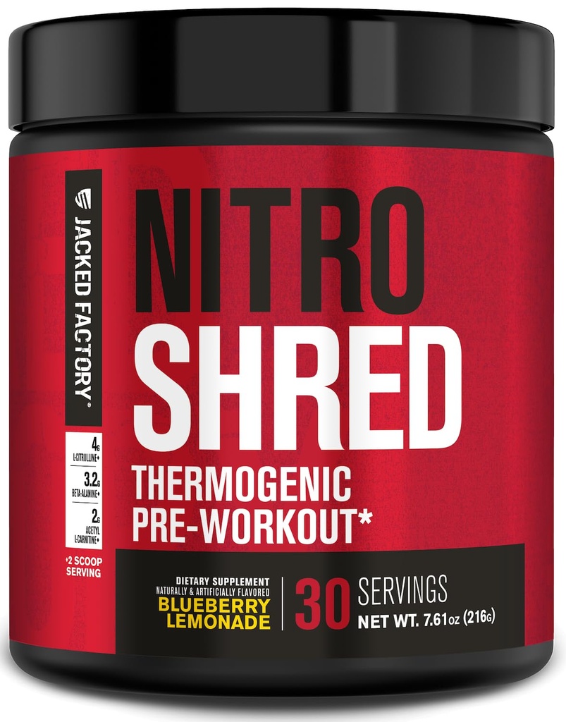 Fabrica Jacked NITROURGE Shred Pre Workout Supliment - Booster energie, câştiguri de putere instant, Sharp Focus, Pompe puternice - Nitric oxid Booster & PreWorkout pulbere - 30Sv, Blueberry Lemonade