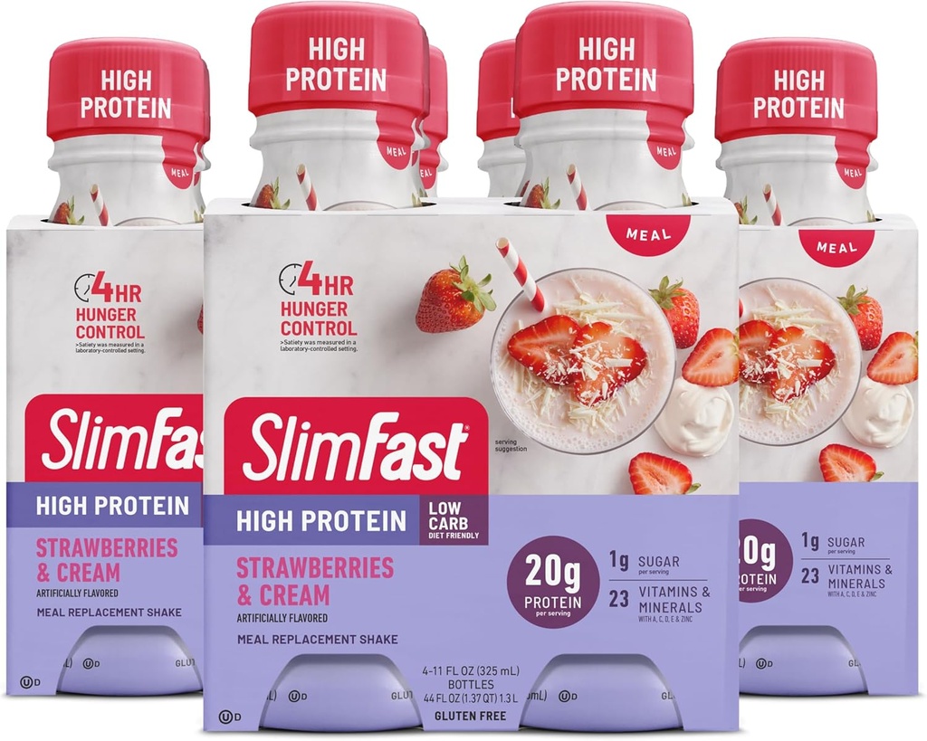SlimFast Advanced Nutrition Meal Replacement Proteine Shake - gata de băut, roz, căpșuni și cremă, 4 sticle (Pachet de 3)