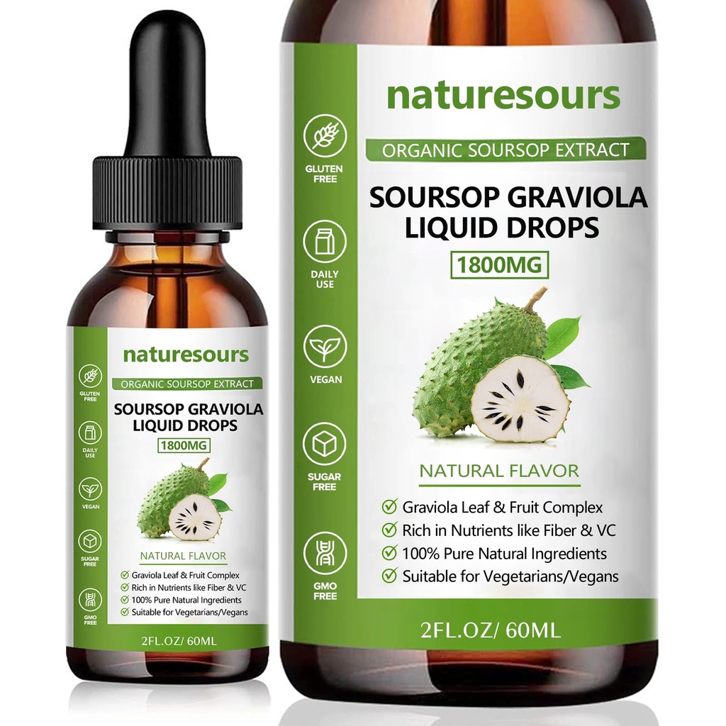 Naturesours 100% Extract de Soursop organic pur, Soursop Graviola lichid picături 1800MG, organic pur Soursop frunze și extract de fructe, zahăr/gluten gratuit, 2 FL.OZ (1)