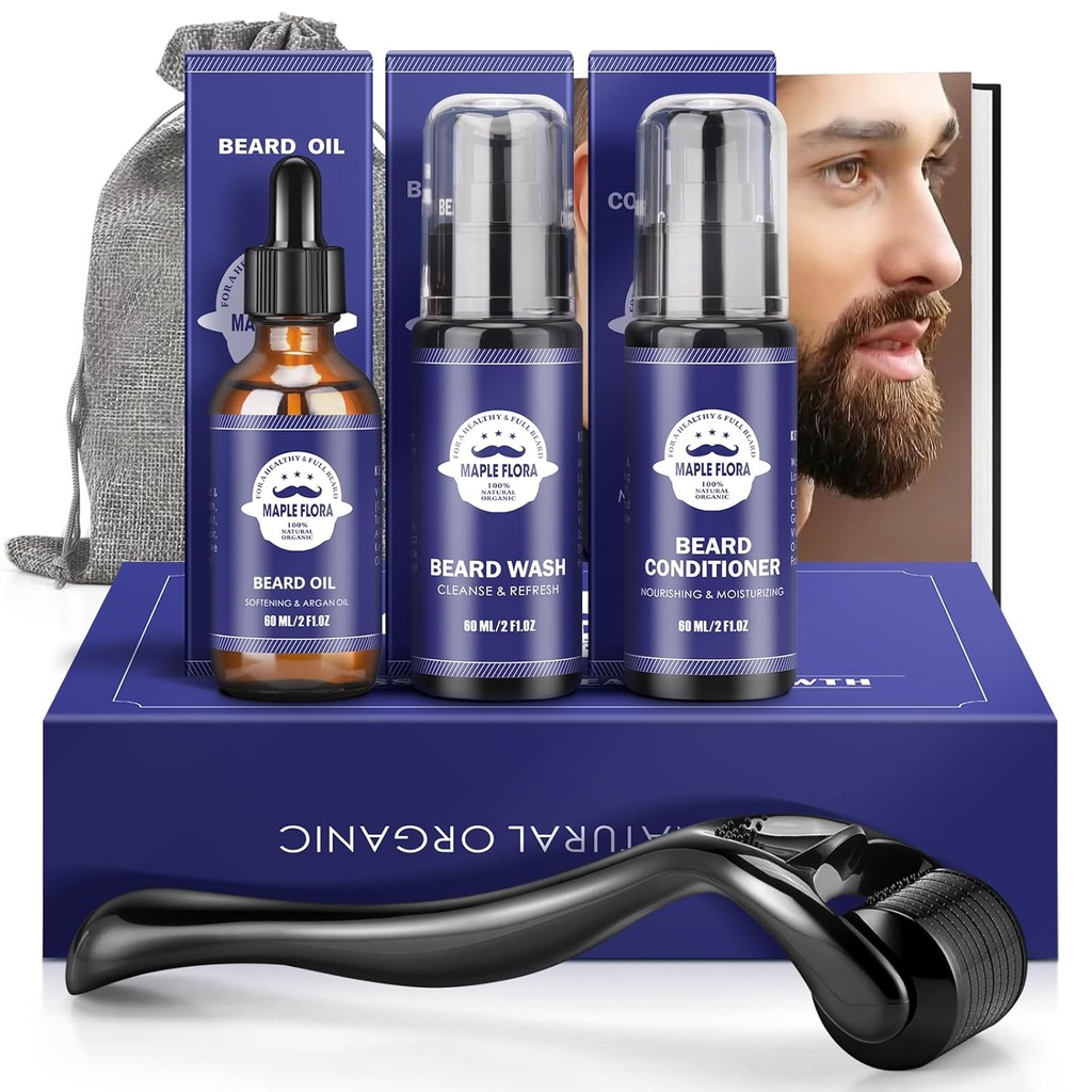 Barbă Cadou Kit - ulei,Wash,Conditioner, Roller (Lungime Needle: 0,25mm) pentru Barbă, sac de depozitare,Mustache Cadouri Set pentru prietenul părinții soțului