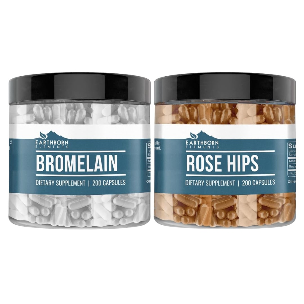 Elemente earthborn Rose HIPS & Bromelain Capsule Bundle (200 capsule fiecare), Pure & Nediluat, fără aditivi