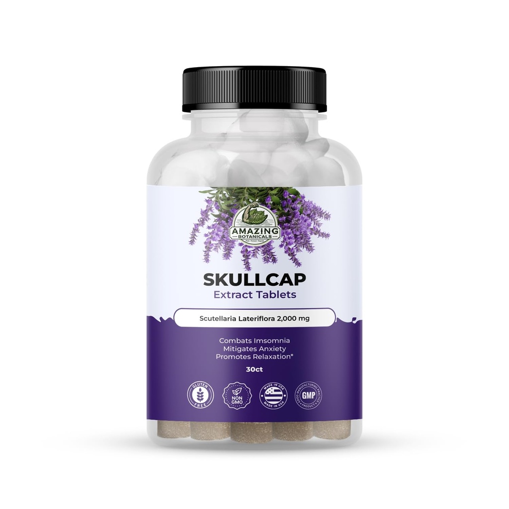 Uimitoare Botanics Skullcap 10X tablete de extract 2000 mg - supliment de plante de mare potenta pentru relaxare si Wellness - 30 comprimate