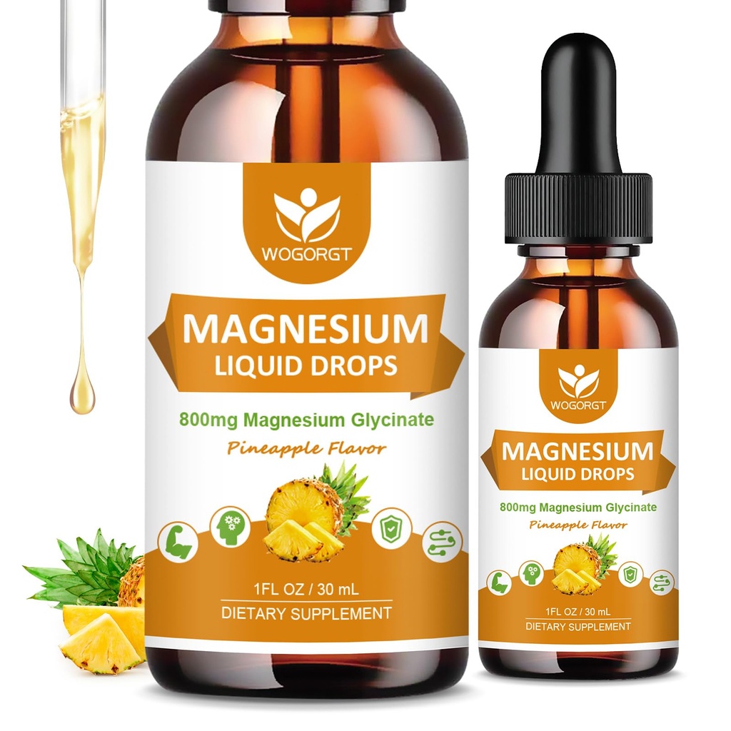 Magneziu Glicinat Picături lichide cu Citrate & Taurat - Cogniție, Muscle & Focus, Complex de magneziu lichid cu vitamina D3, GABA, L-teanină, Ananas Flavor - 1 Fl Oz (2 ambalaj)