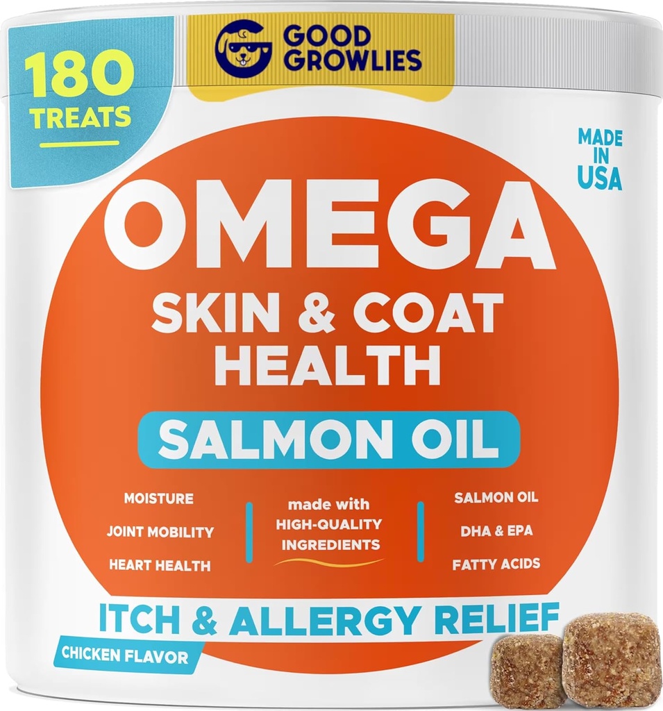 Omega 3 Tratamente cu ulei de pește din Alaska pentru câini (180 Ct) - Piele uscată & Itchy + Alergie - Haine strălucitoare - EPA&DHA Acid gras - Naturist Somon Oil Chews - Pui Turcia