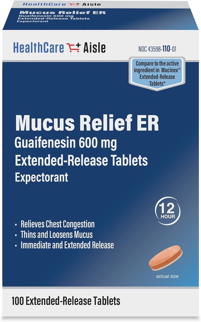HealthCareAisle Guaifensin 600 mg Extended Release - 100 comprimate - Mucus Relief Expectorant pentru Congestia toracică