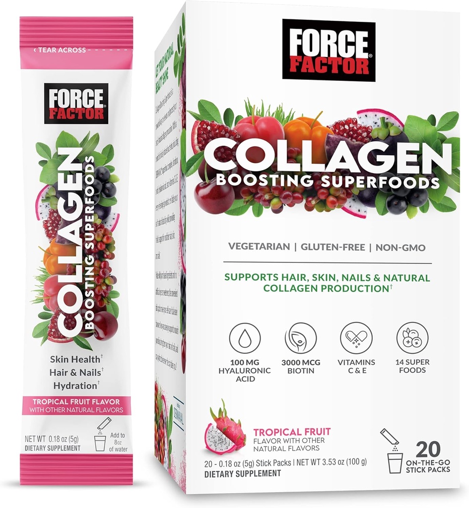 Force Factor Colagen Boosing Superfoods cu Biotin, Acid hialuronic, Bambus, și păr, Piele, și unghii vitamine, întăritor unghii și Suplimentul pielii, Aroma de fructe tropicale, 20 Stick Packs