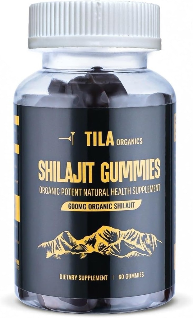 Tila Organic Himalayan Shilajit Resin Soft Gels - 60 Gummies, 600 mg- Suplimentul natural pentru bărbaţi şi femei cu peste 85 de Minerale Trace, Acid pelvian şi Acid Humic Vegan Gluten gratuit