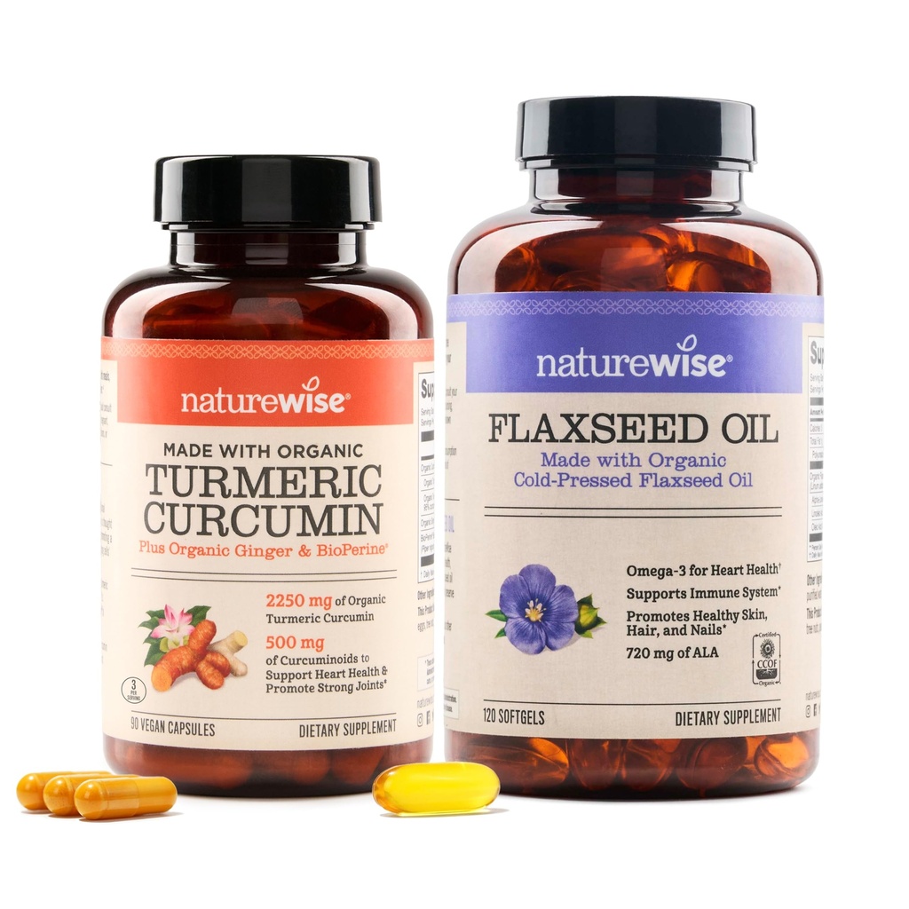 NatureWise Curcumin Turmeric 2250 mg și ulei de in 1200mg Omega 3 6 9 Softgels pentru comun, inima si suport imunitar [1 & 2 luni de aprovizionare]