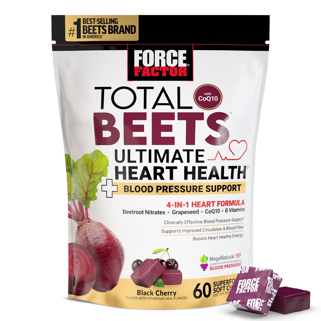 Force FACTOR Total Sfecle Ultimate Heart Health Chews for Blood Pressure Support, with Beetroot Powder, CoQ10, B Vitamine și extract de semințe de struguri pentru fluxul sanguin & Energy, Black Cherry, 60 Soft Chews