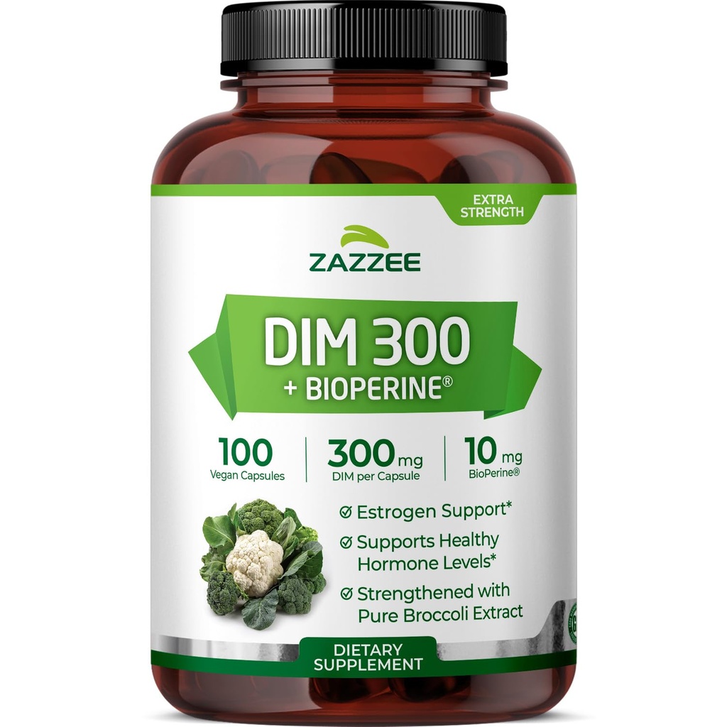 Zazzee DIM 300 mg per capsule, 100 Count, Plus 10 mg BioPerine, Estrogen Balance, Hormonial Acnee, Menopause Support, Hormonial Balance, Diindolilmetan, Vegan, All-Natural, Non-GMO, Made in the USA