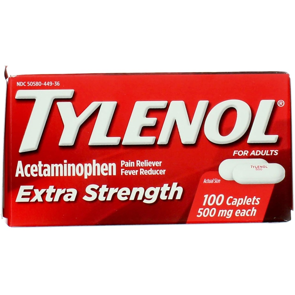 Caplete cu concentraţie suplimentară de Tylenol cu acetaminofen 500 mg, Reliever Reliever & Fever Reductor, 100 ct