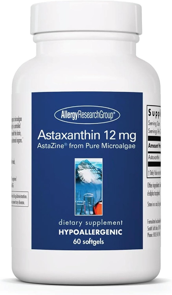 Alergie Grupul de cercetare Astaxanthin 12mg Supliment - de la Microalge organice, Eye Health, AstaZine Astaxanthin, Natural Antioxidant, Skin Health, Brain Function Support, Softgels - 60 Conte