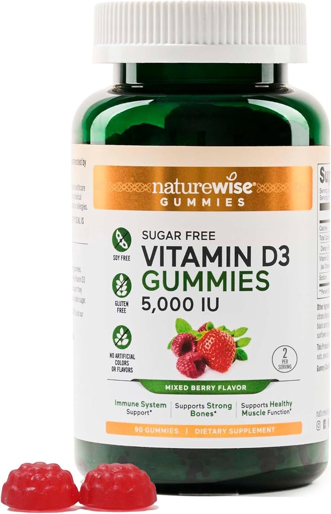 NatureWise Vitamina D3 5000 UI Gummies - Aroma de Berry amestecată fără zahăr - Vitamina D Gumiile pentru adulți, susține imunitatea, forța musculară și osoasă - Gelatină-Free, Non-GMO - 90 Gumies[45-Day Supply]